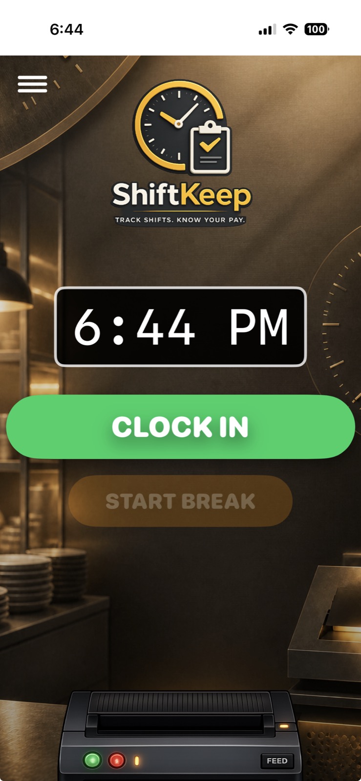 ShiftKeep Clock In screen