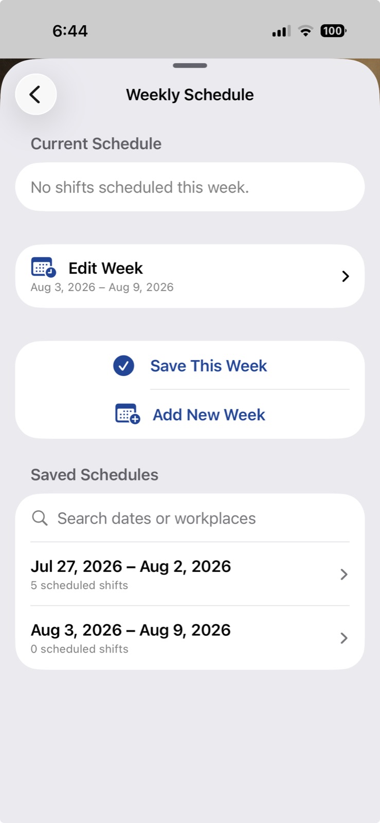 ShiftKeep weekly Schedule screen